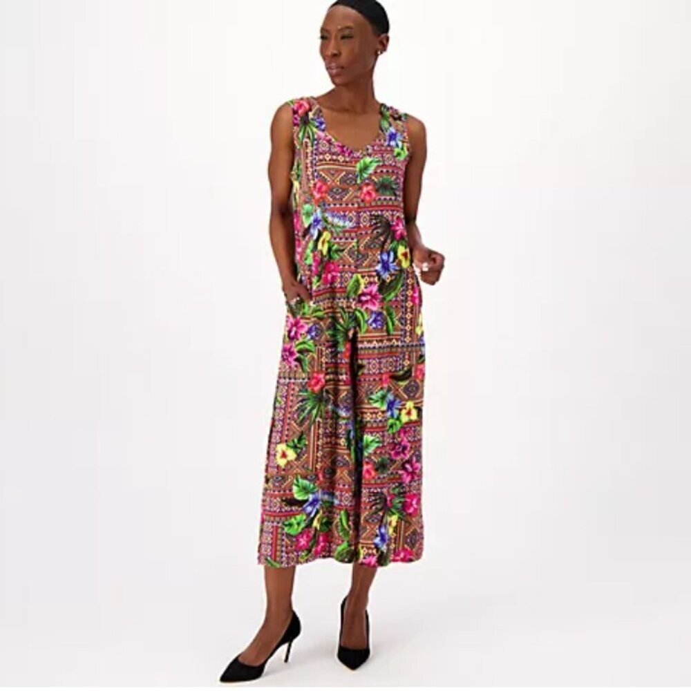 Attitudes by Renee Regular Global Illusion Waist Jumpsuit Floral Tunic, Large